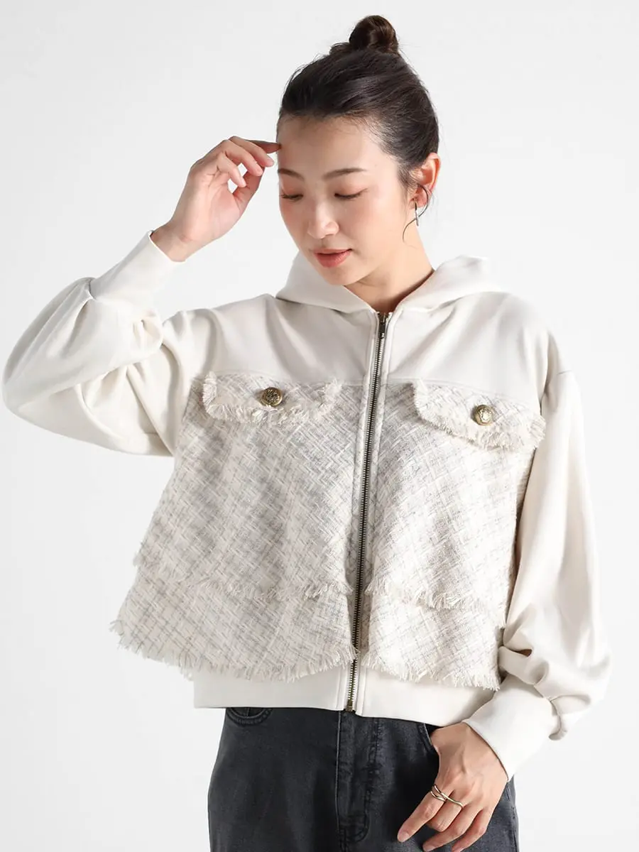 Vin(ヴァン)　フリルツイードドッキングパーカー