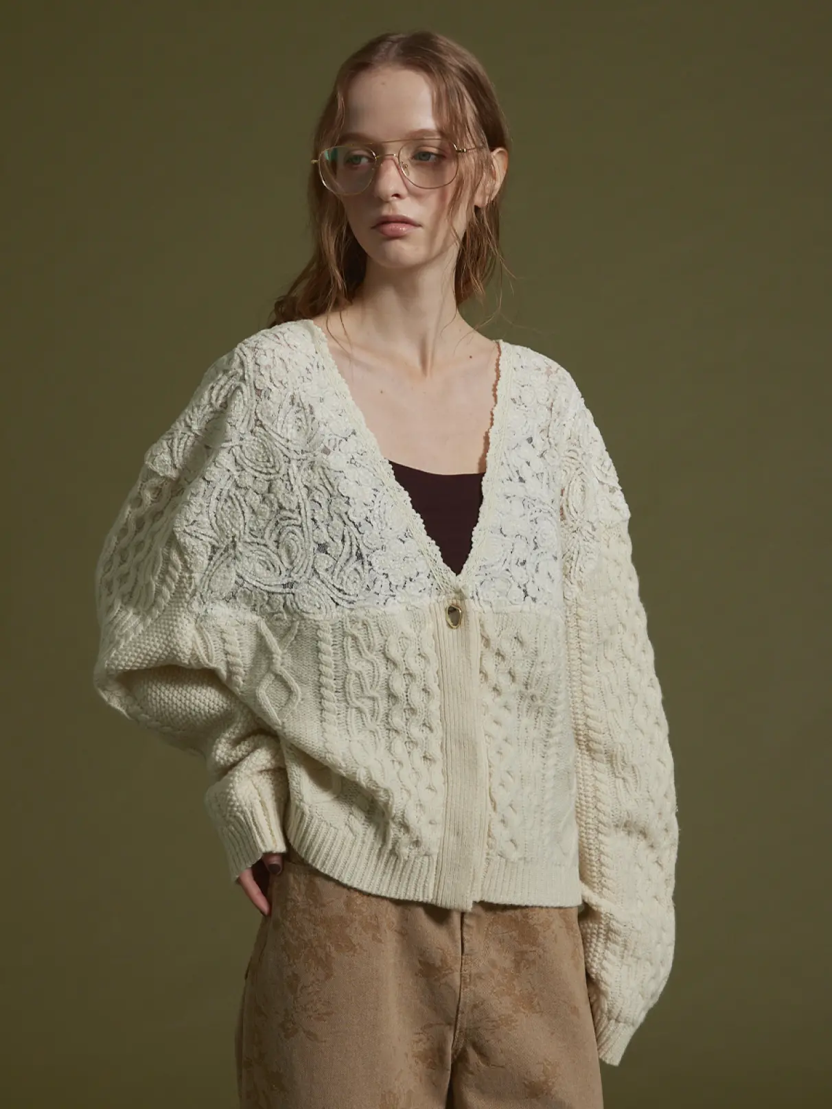 Vin(ヴァン)　レースアランニットカーディガン