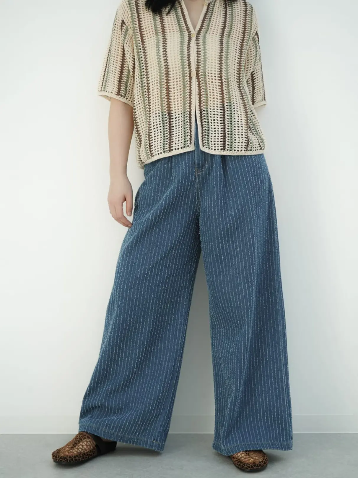 Stripe wide denim pants
