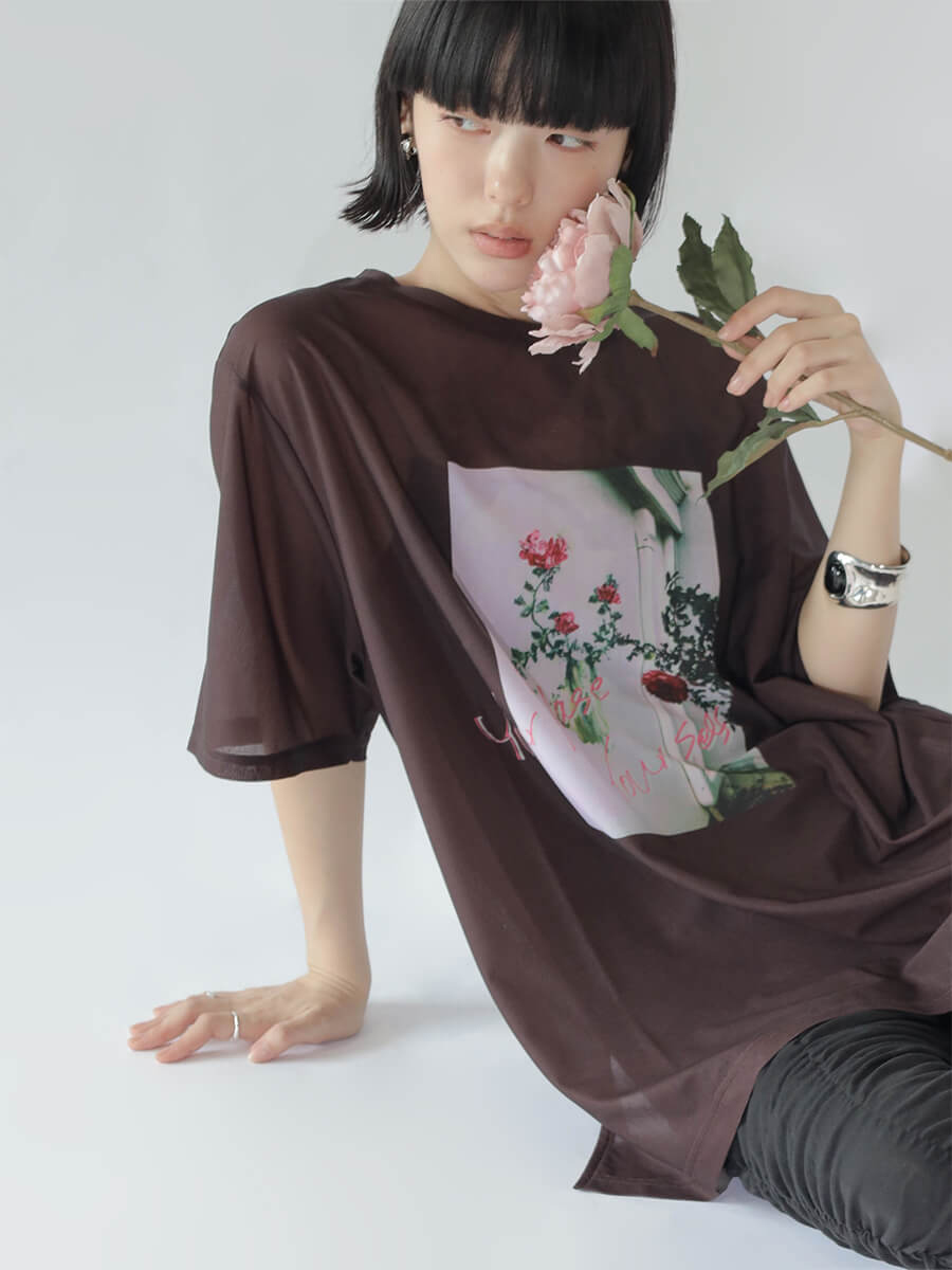 Flower Photo Sheer Tops Pink