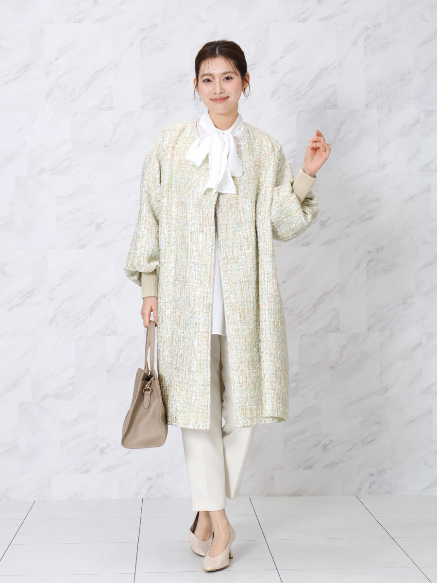 ミックスツイードノーカラーロングコート