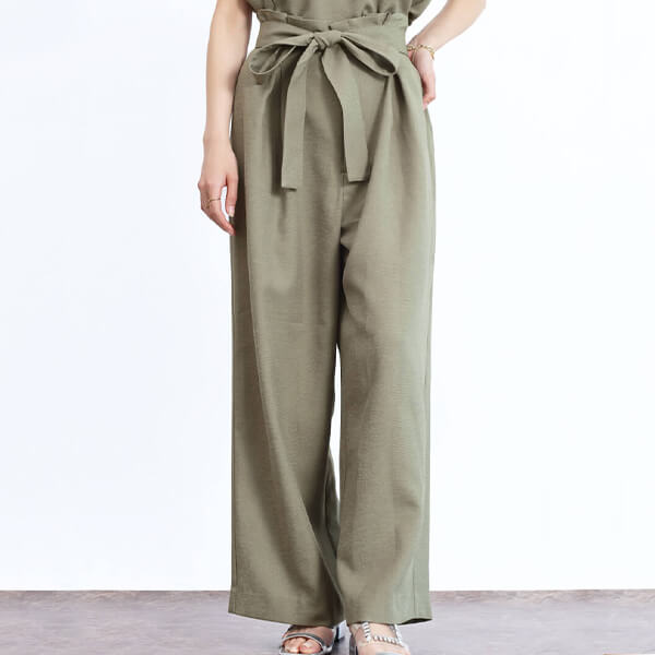 リネンライク共布ベルト付きワイドパンツ