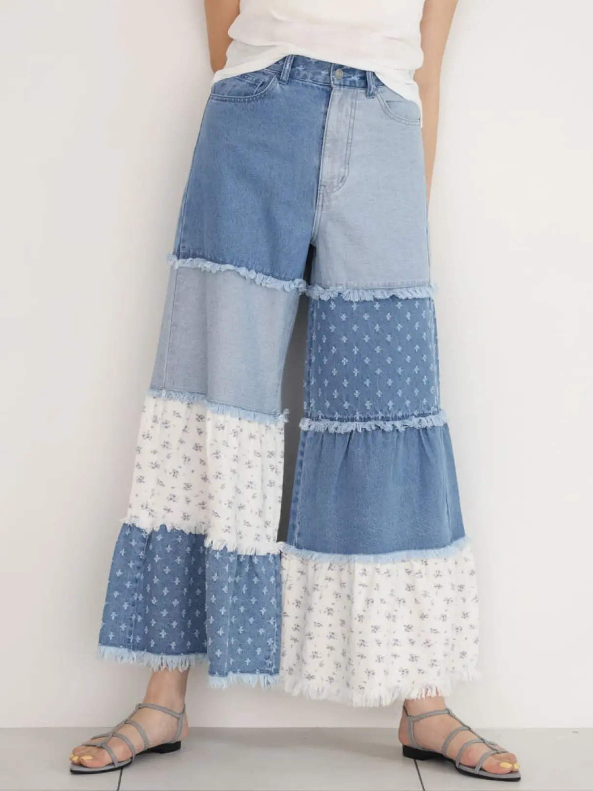 Patchwork tiered denim pants
