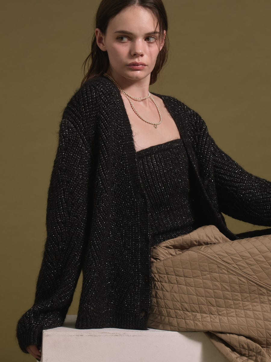 ラメ混Vネックニットカーディガン