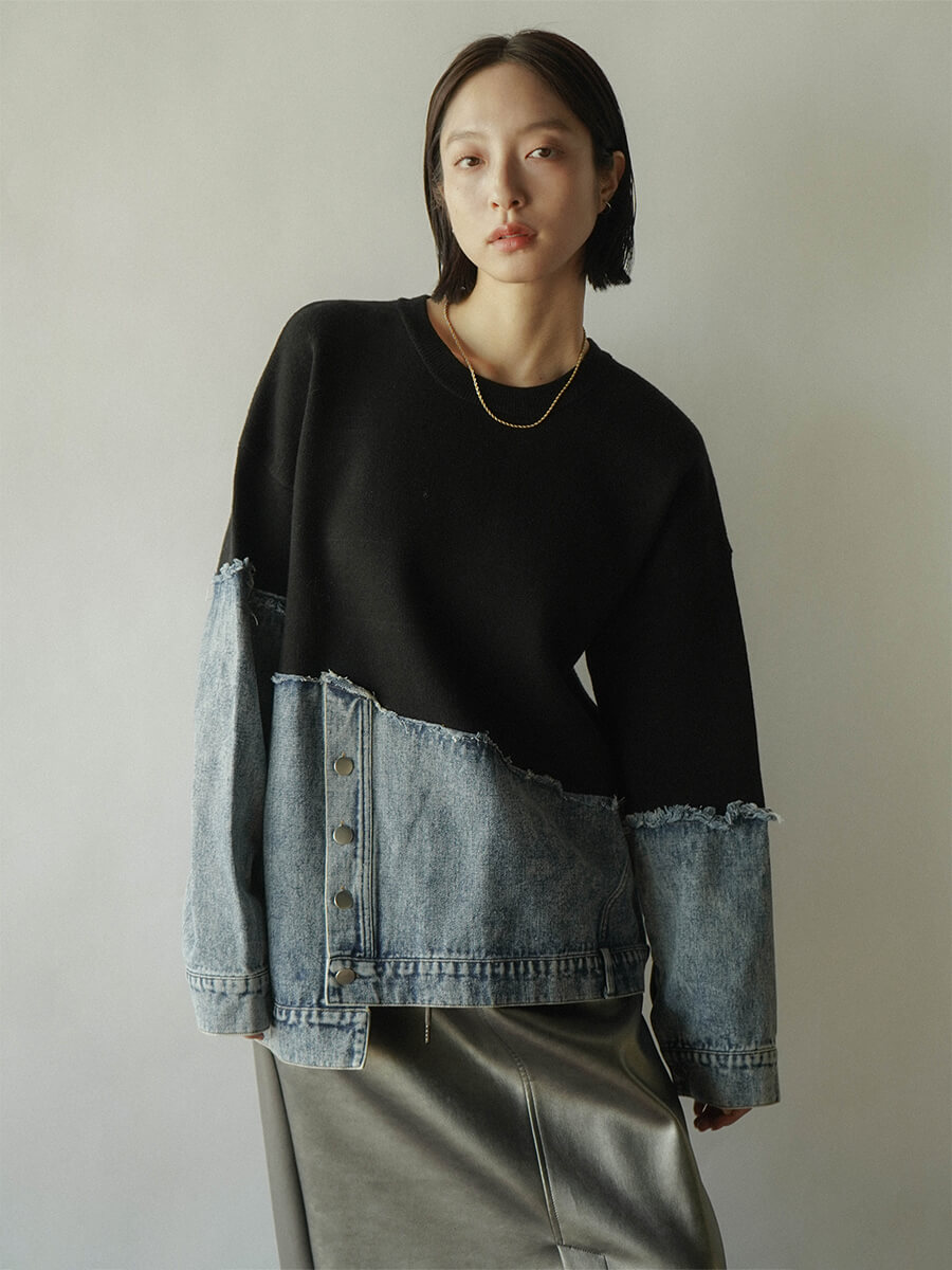 RADIATE(ラディエイト)　デニムドッキングアシメクルーネックニット