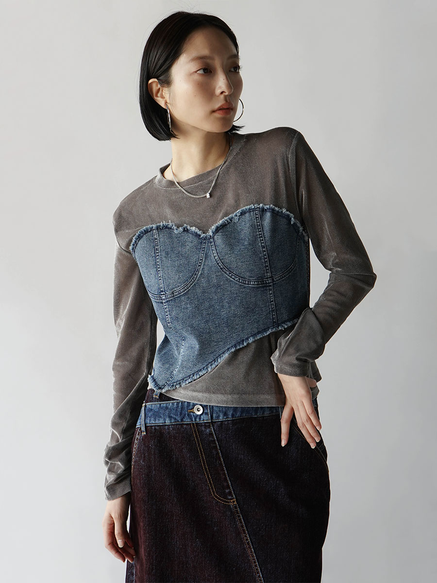 RADIATE(ラディエイト)　デニムビスチェフェイクレイヤードベロアトップス