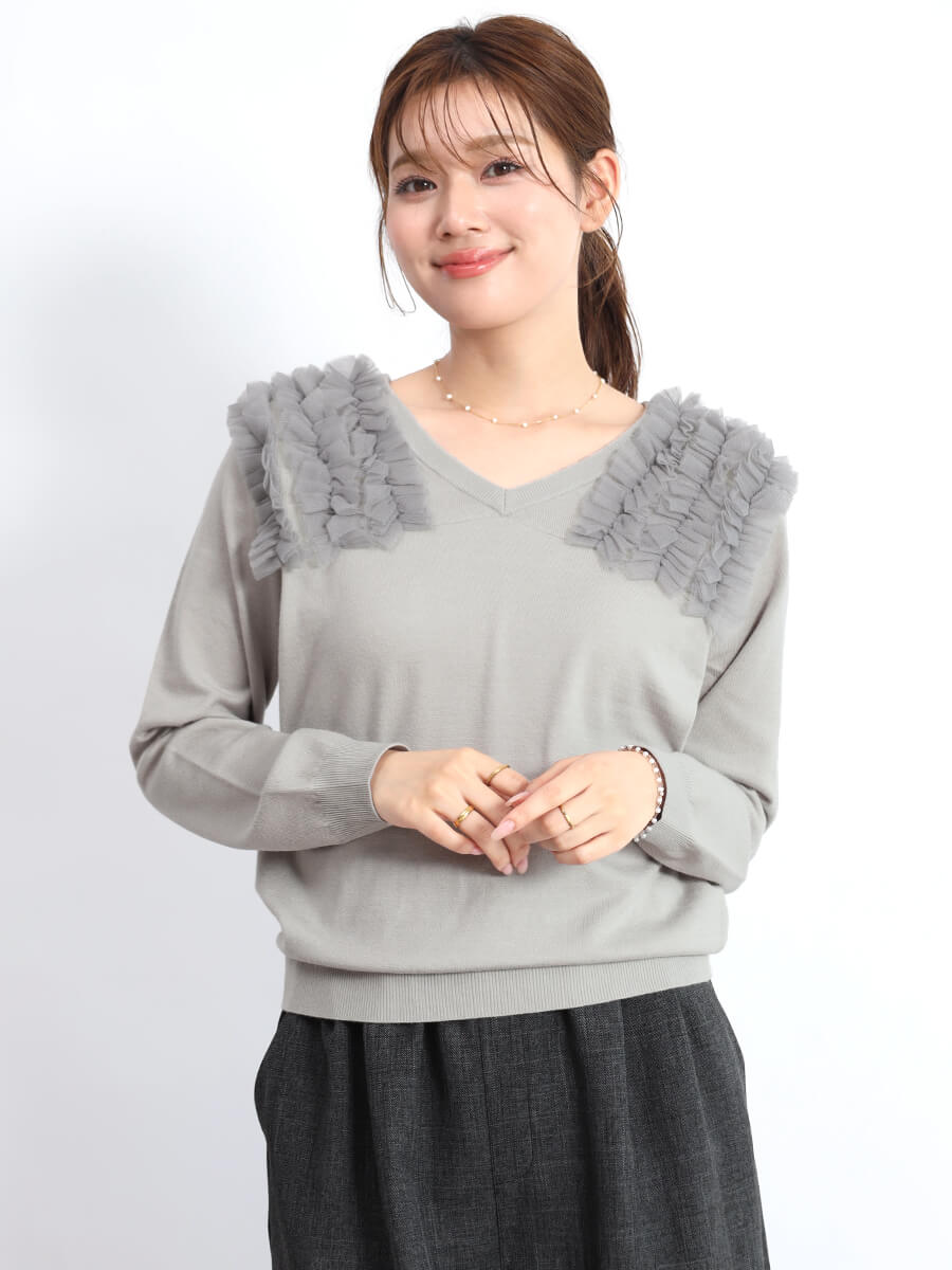 チュールフリルVネックニット