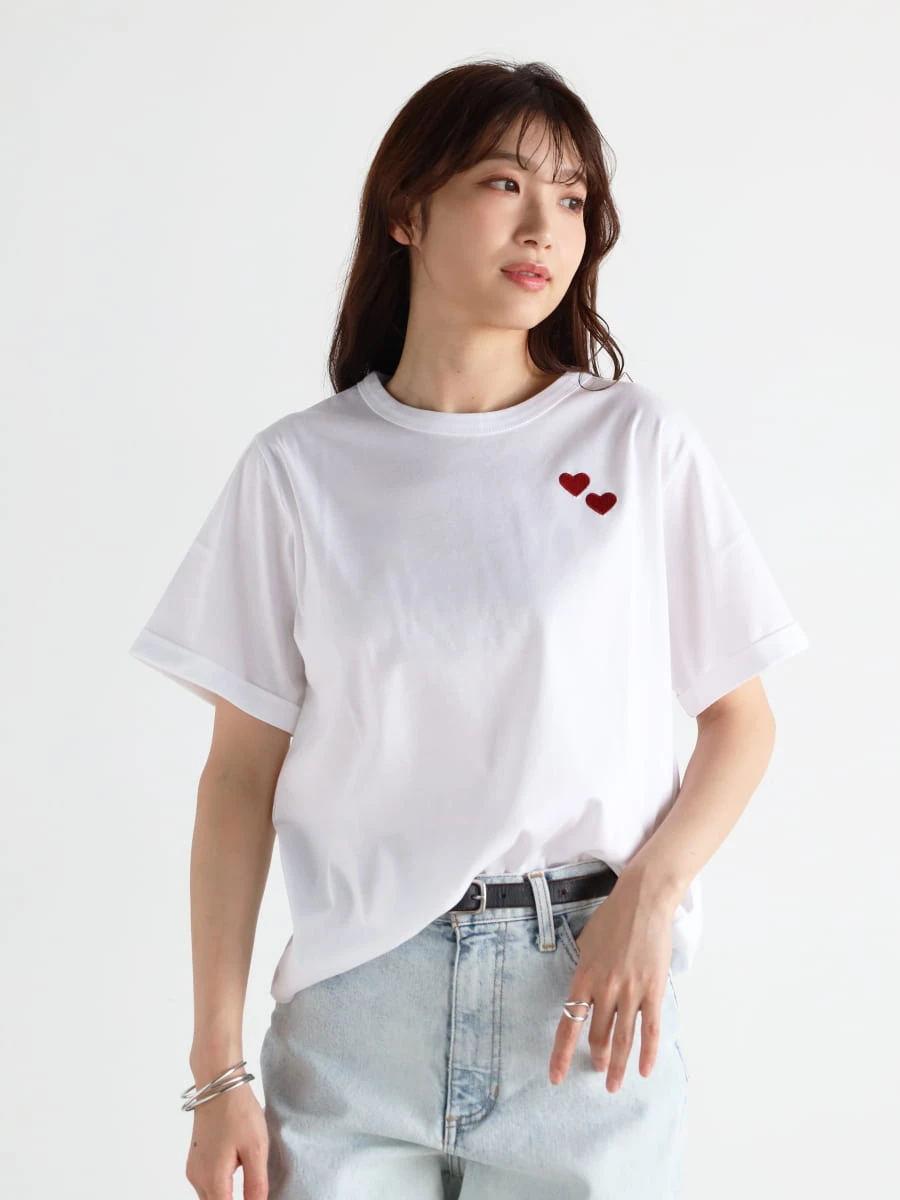 Vin(ヴァン)　ダブルハート刺繍Tシャツ