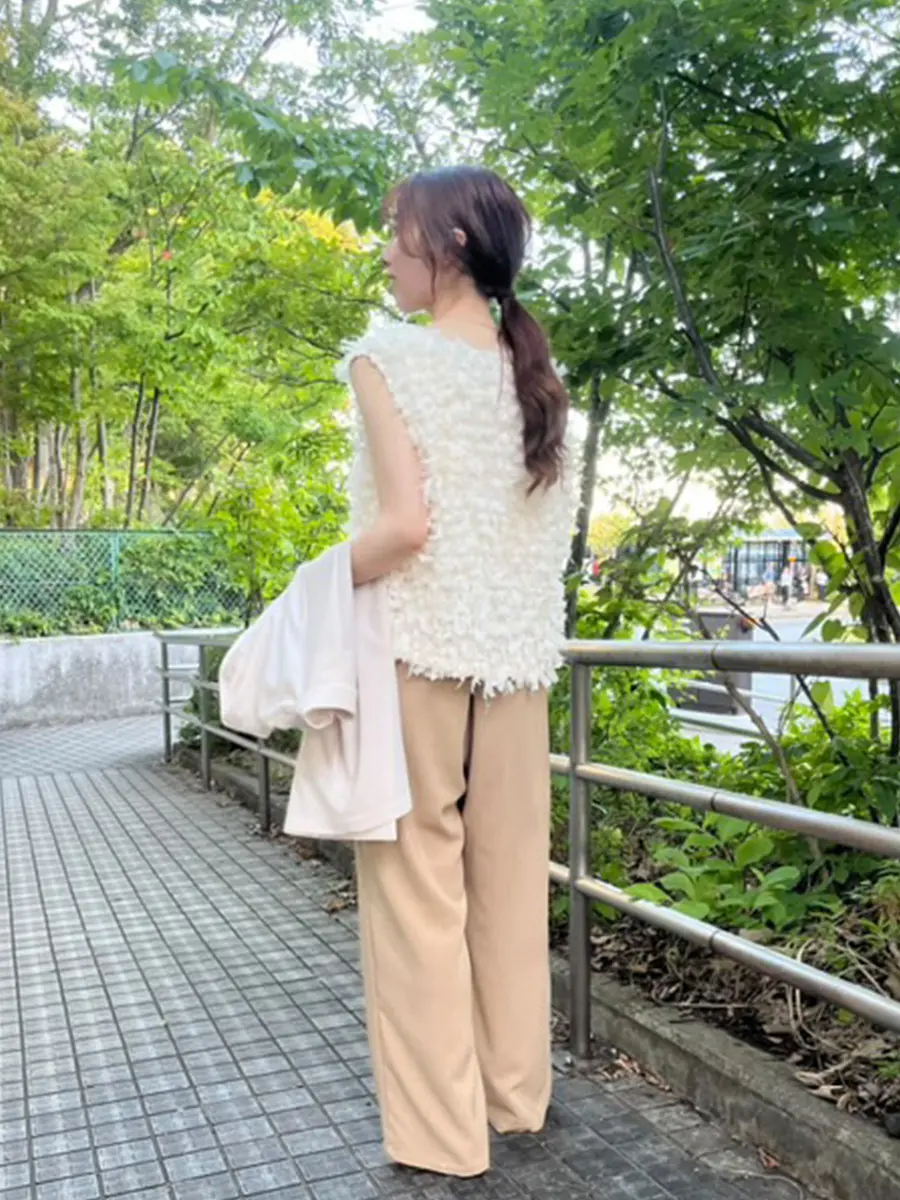ヤマダヤVin ジャケット　べージュ ツイードフリンジノーカラーデニムジャケット - Vin - Vin