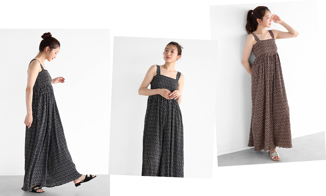 Flower print shirring All-in-one