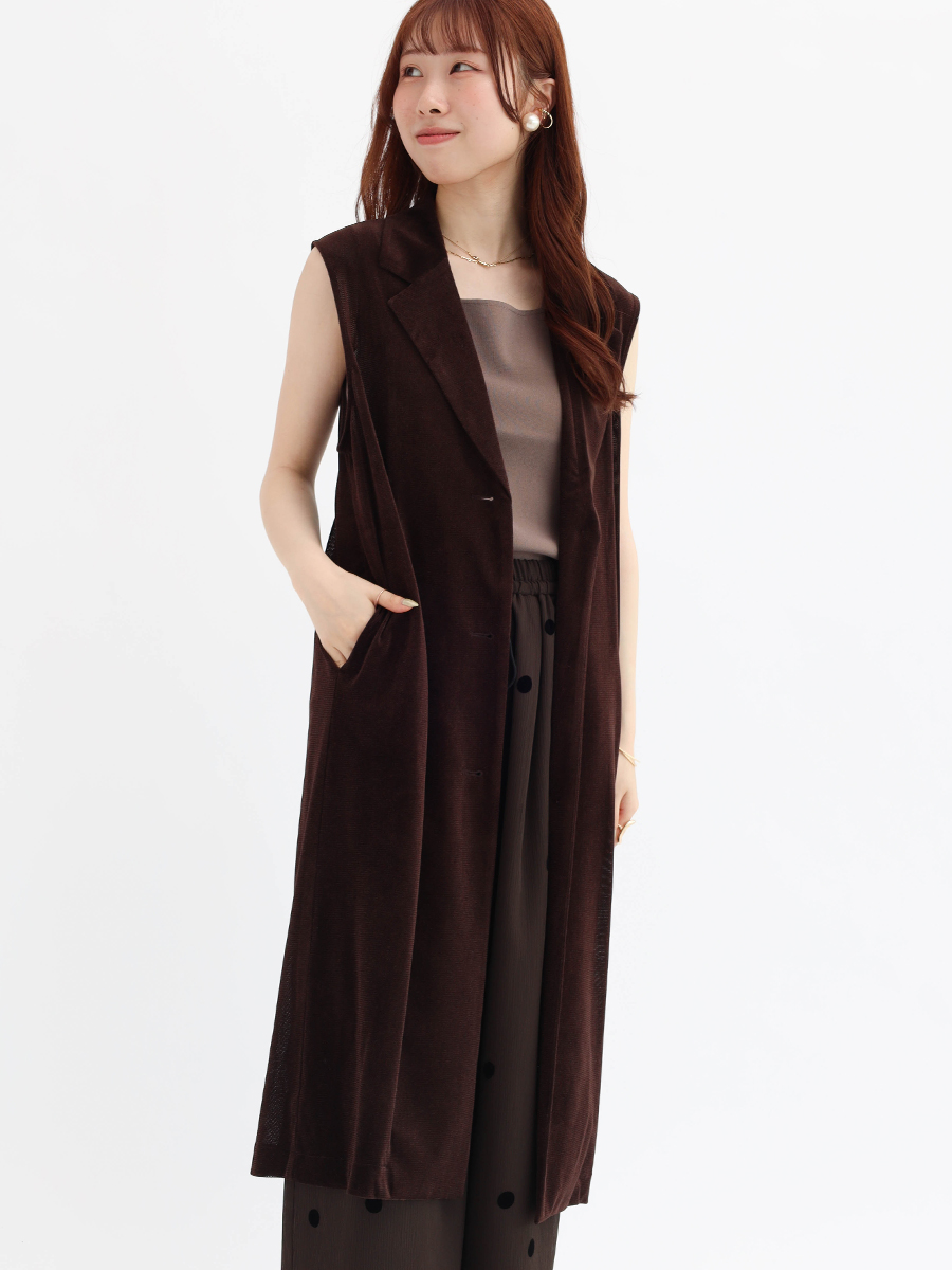 Mesh velour tailored long gilet