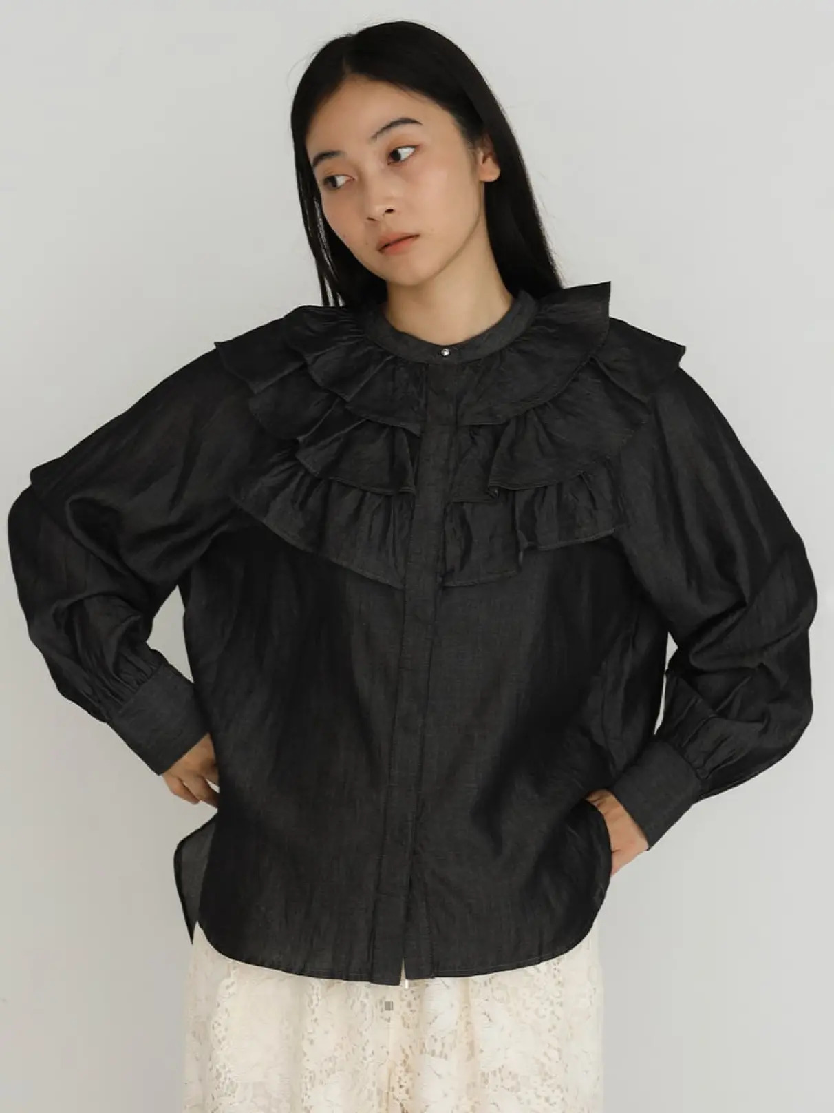 Denim tiered ruffle shirt