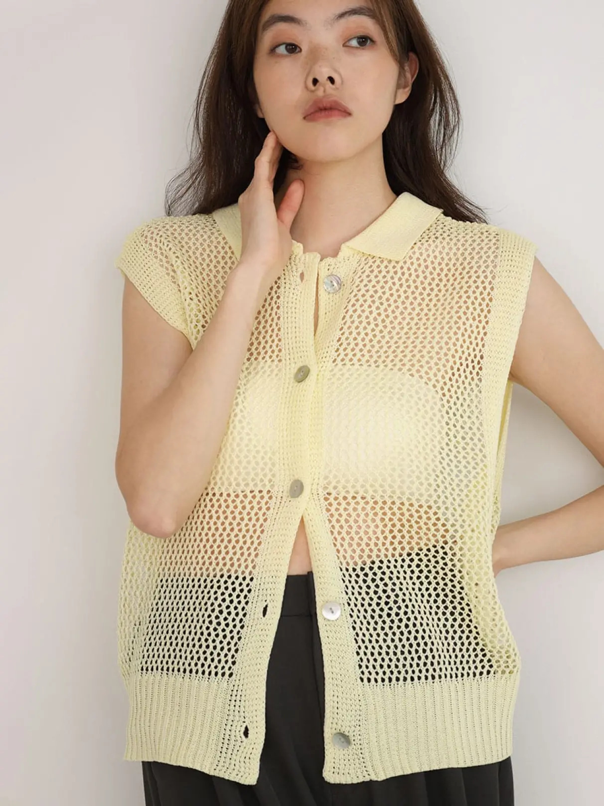 2way collared mesh knit top