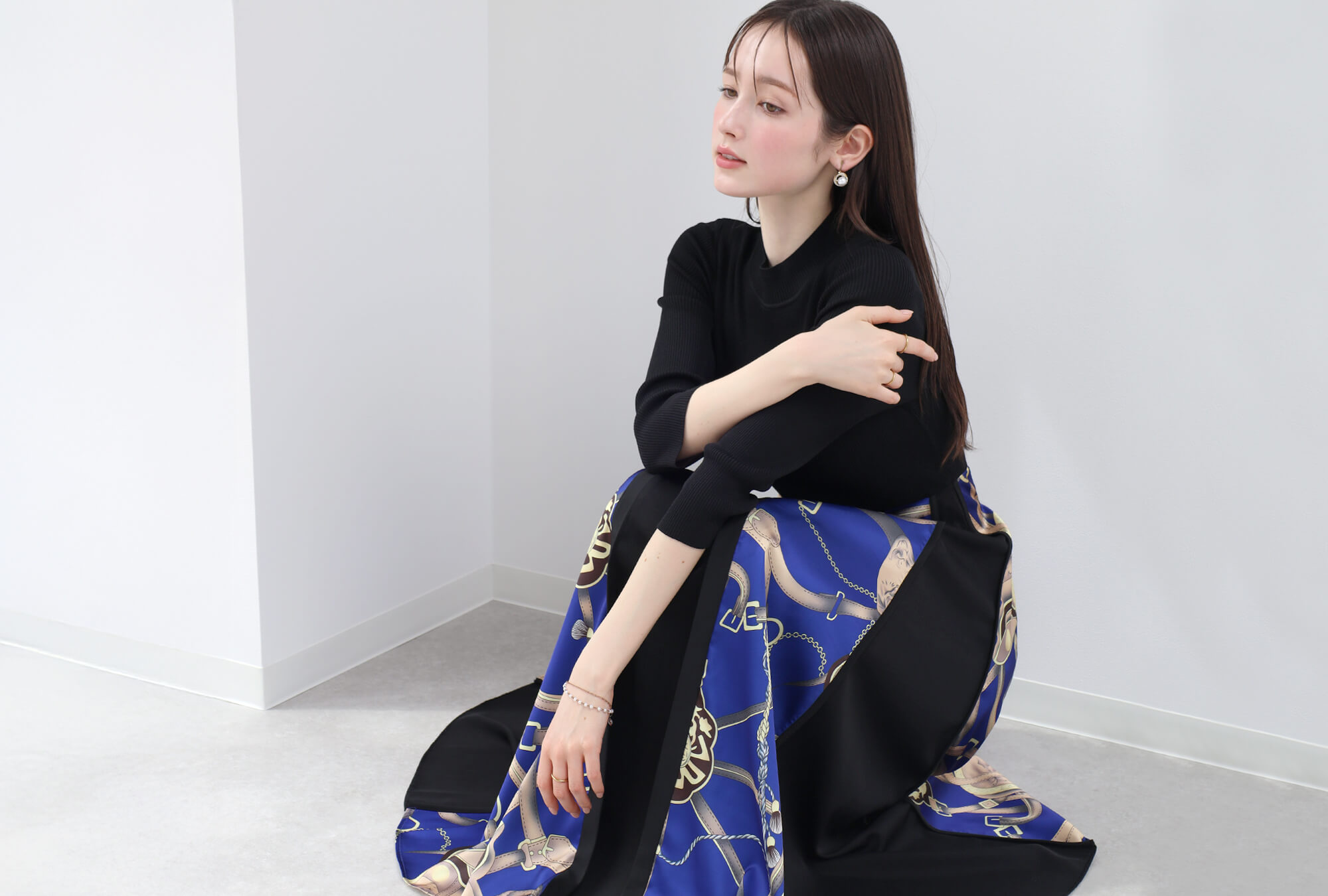 スカーフプリントニットドッキングワンピース