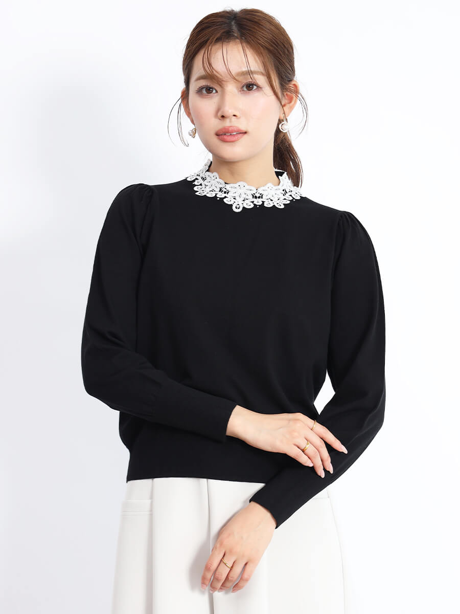レースネックニットトップス