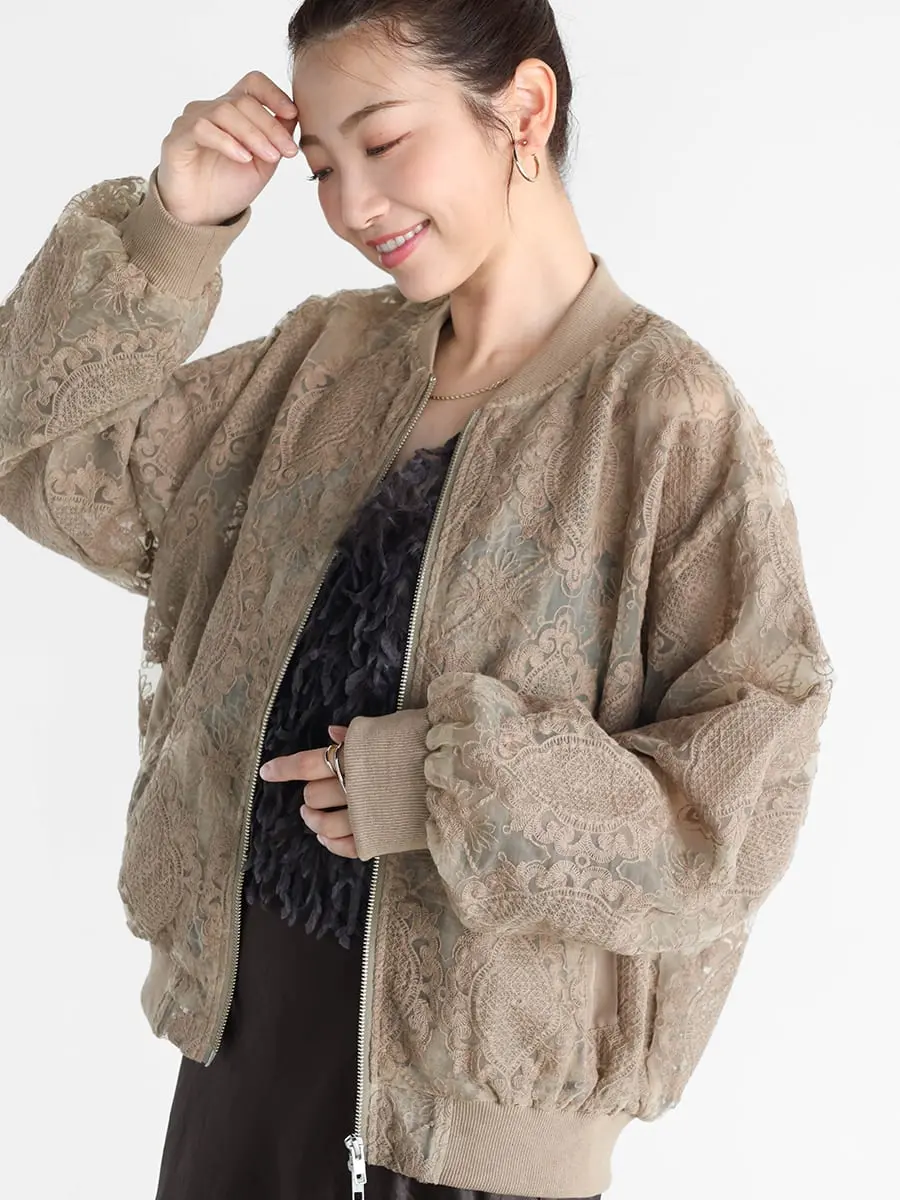 Vin(ヴァン)　ダブルジップチュールレースブルゾン