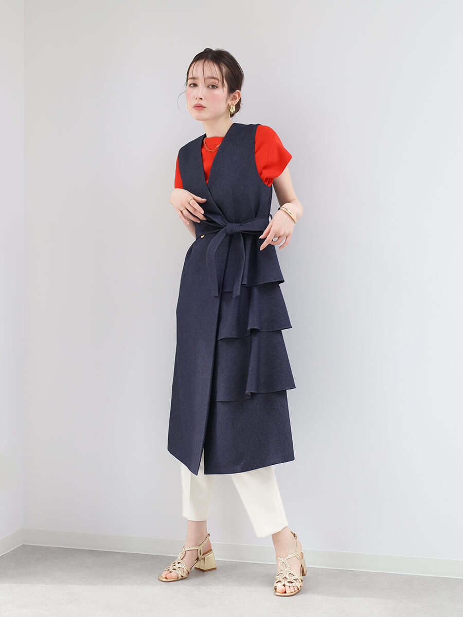 テクニカルデニムアシメフリルジレワンピ