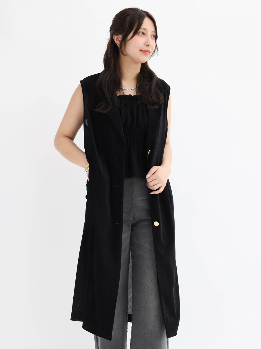 Mesh velour tailored long gilet