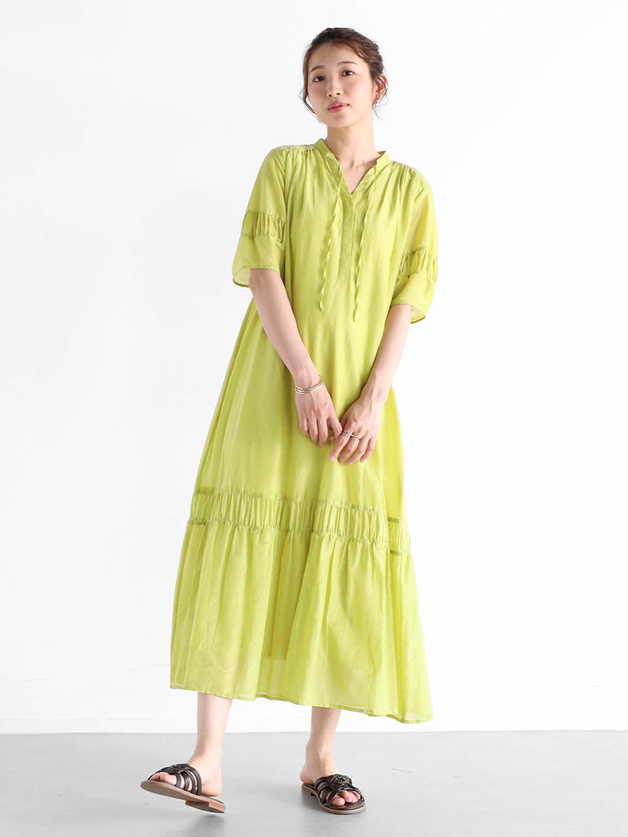 コットンシルクギャザーヘムワンピース