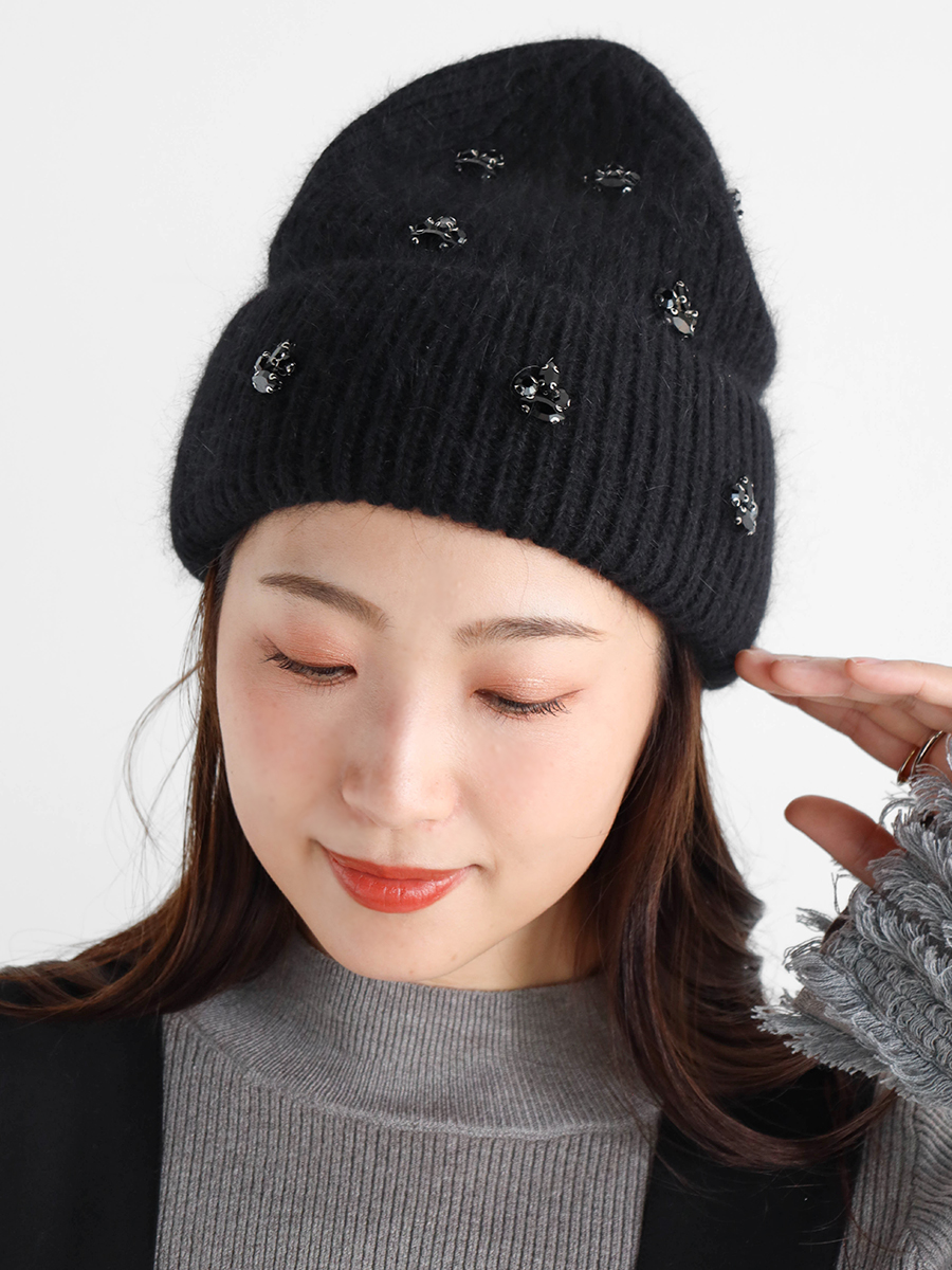 ビジュー付きモヘアニットキャップ