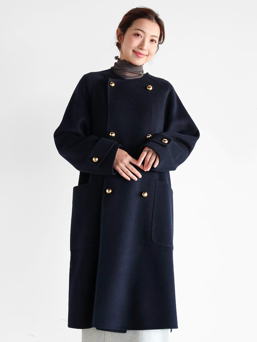 ウールリバーノーカラーロングコート