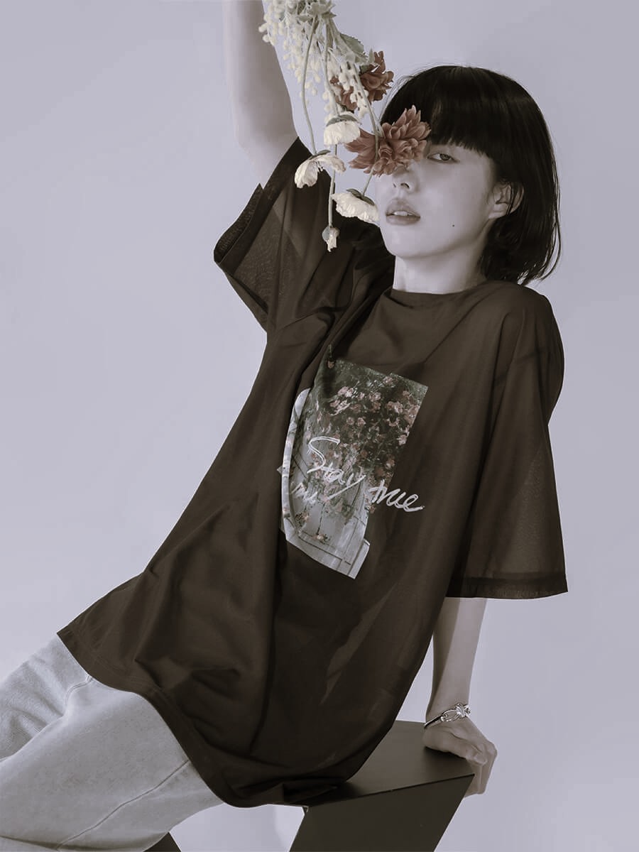 Flower Photo Sheer Tops Brown