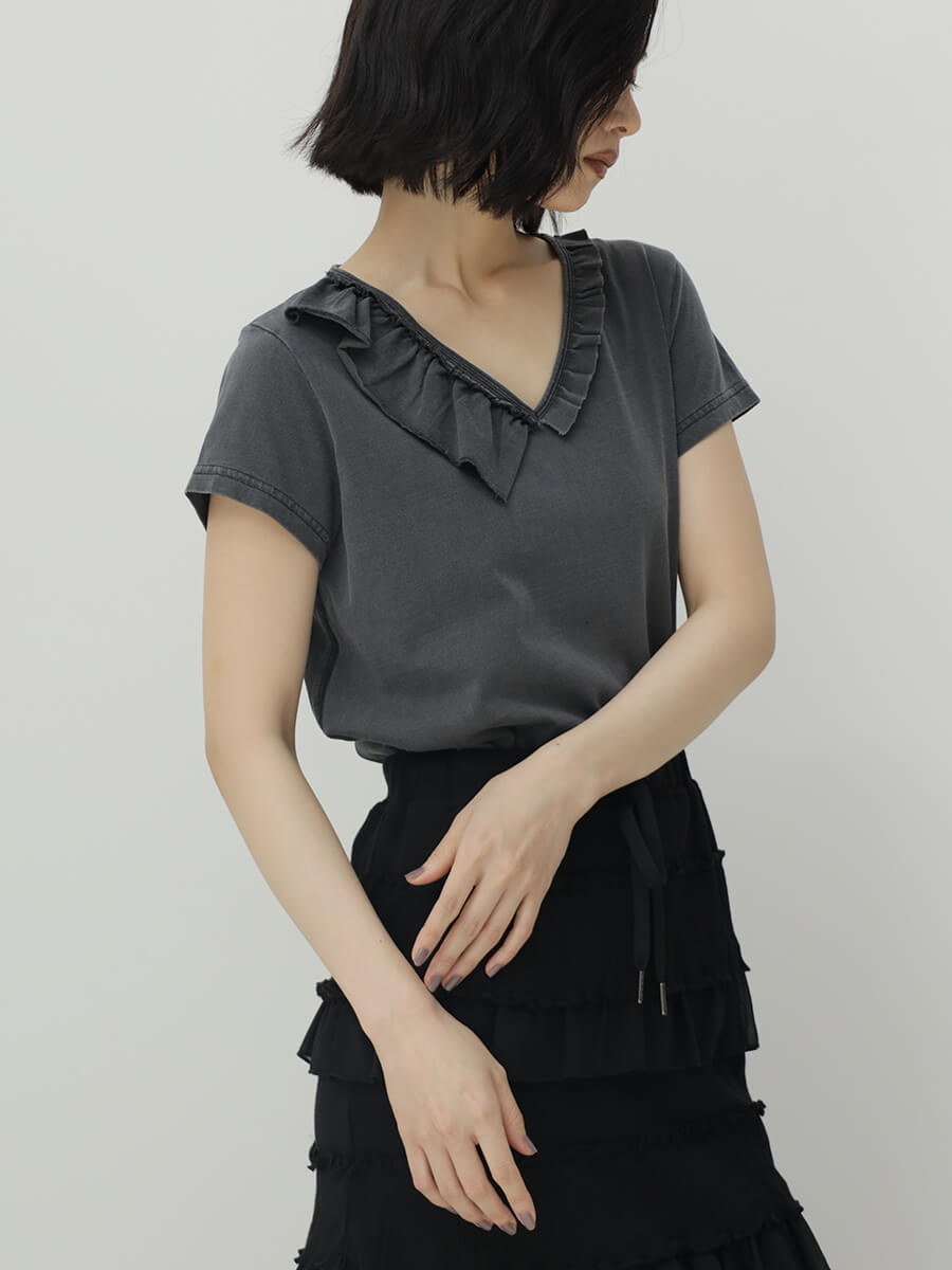 LASUD アシメフリルVネックトップス