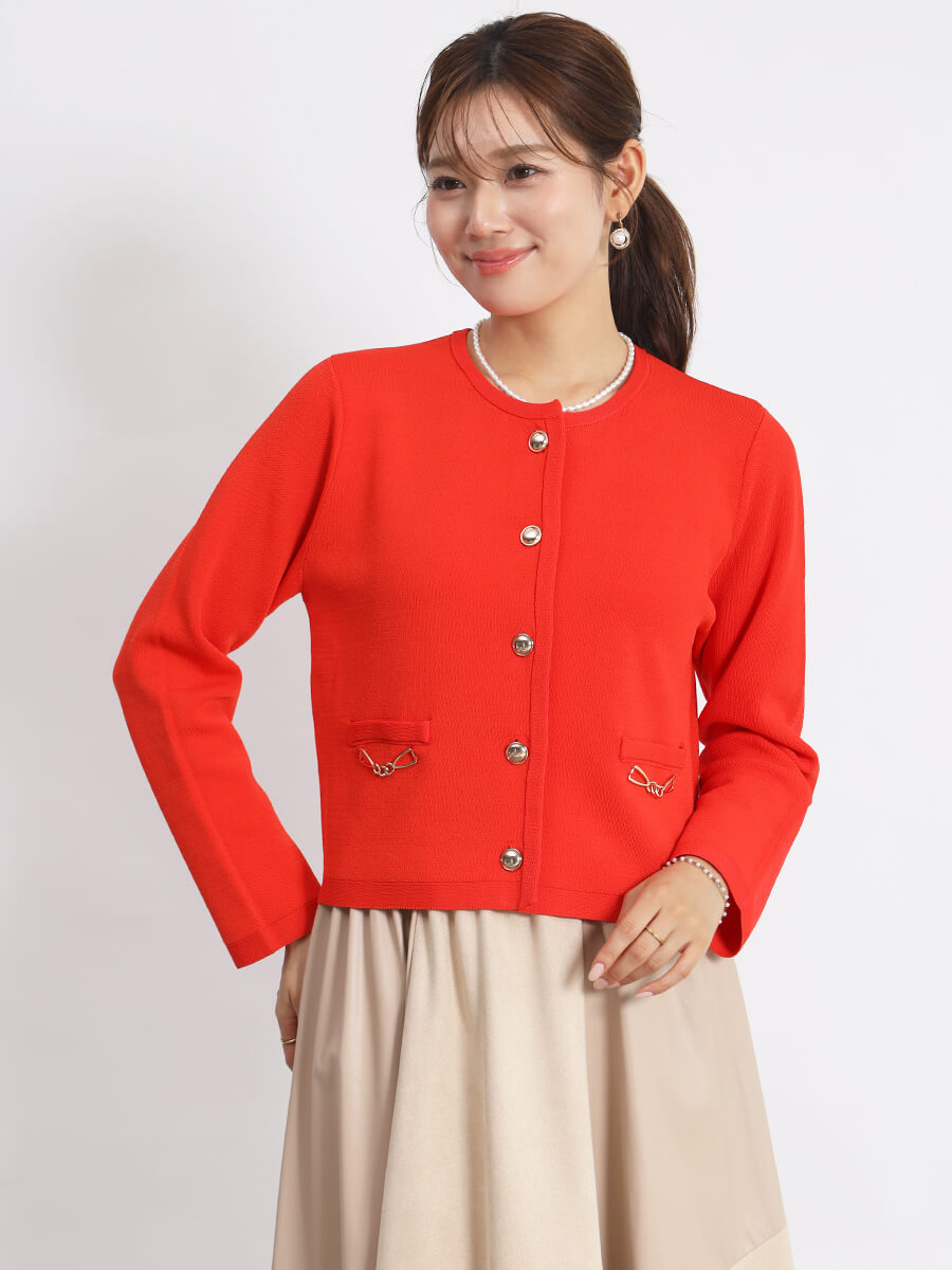 ビット付きノーカラーカーディガン