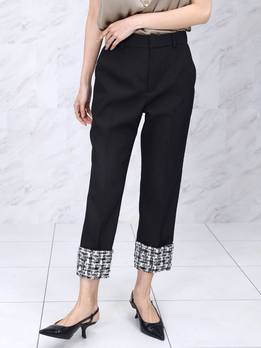 チェックツイードヘムテーパードパンツ