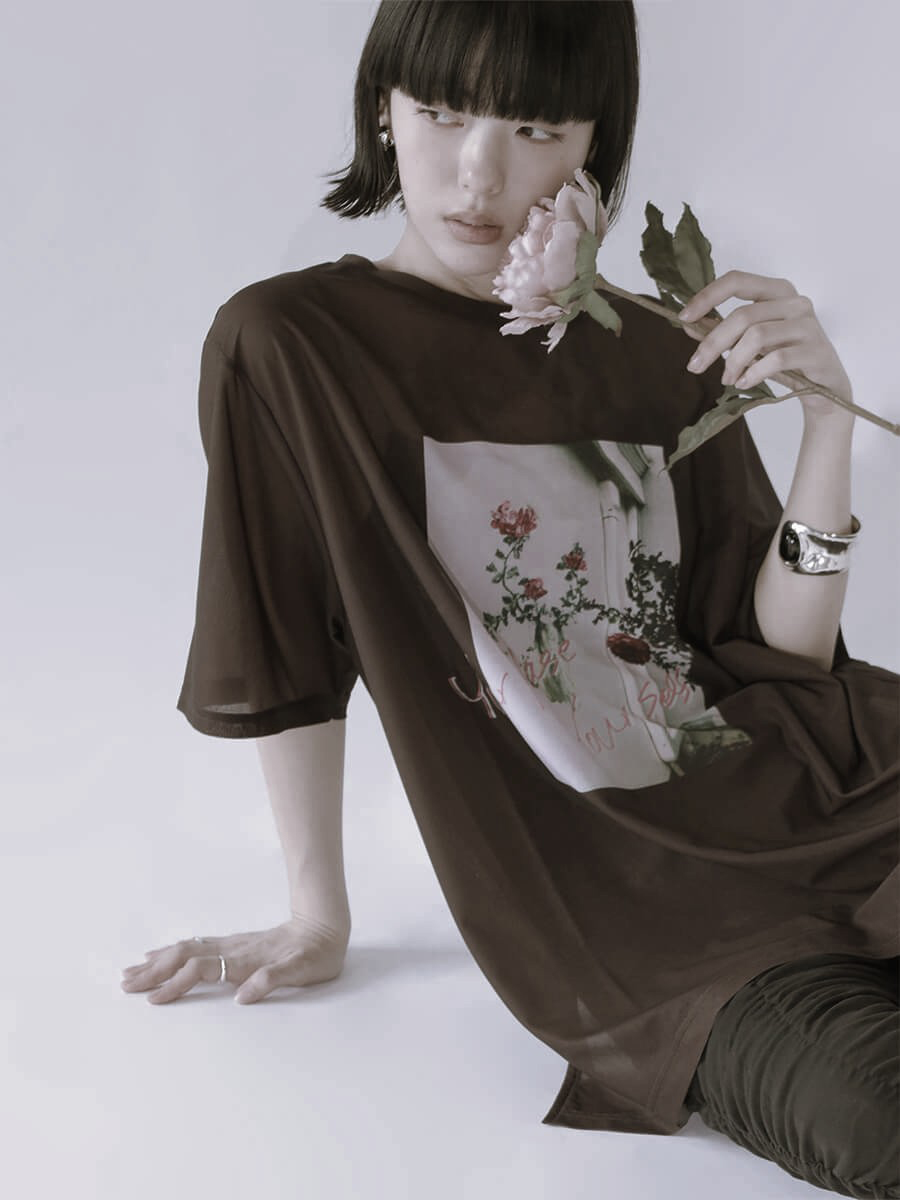 Flower Photo Sheer Tops Brown