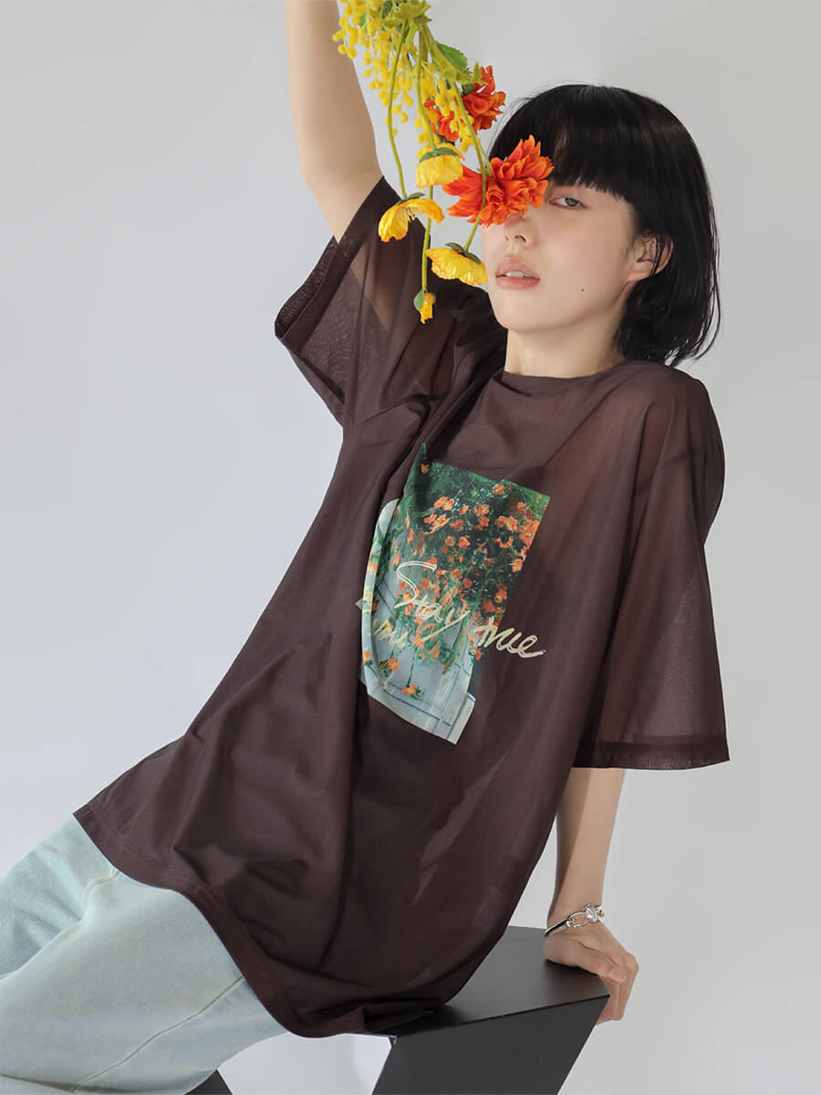 Flower Photo Sheer Tops Pink