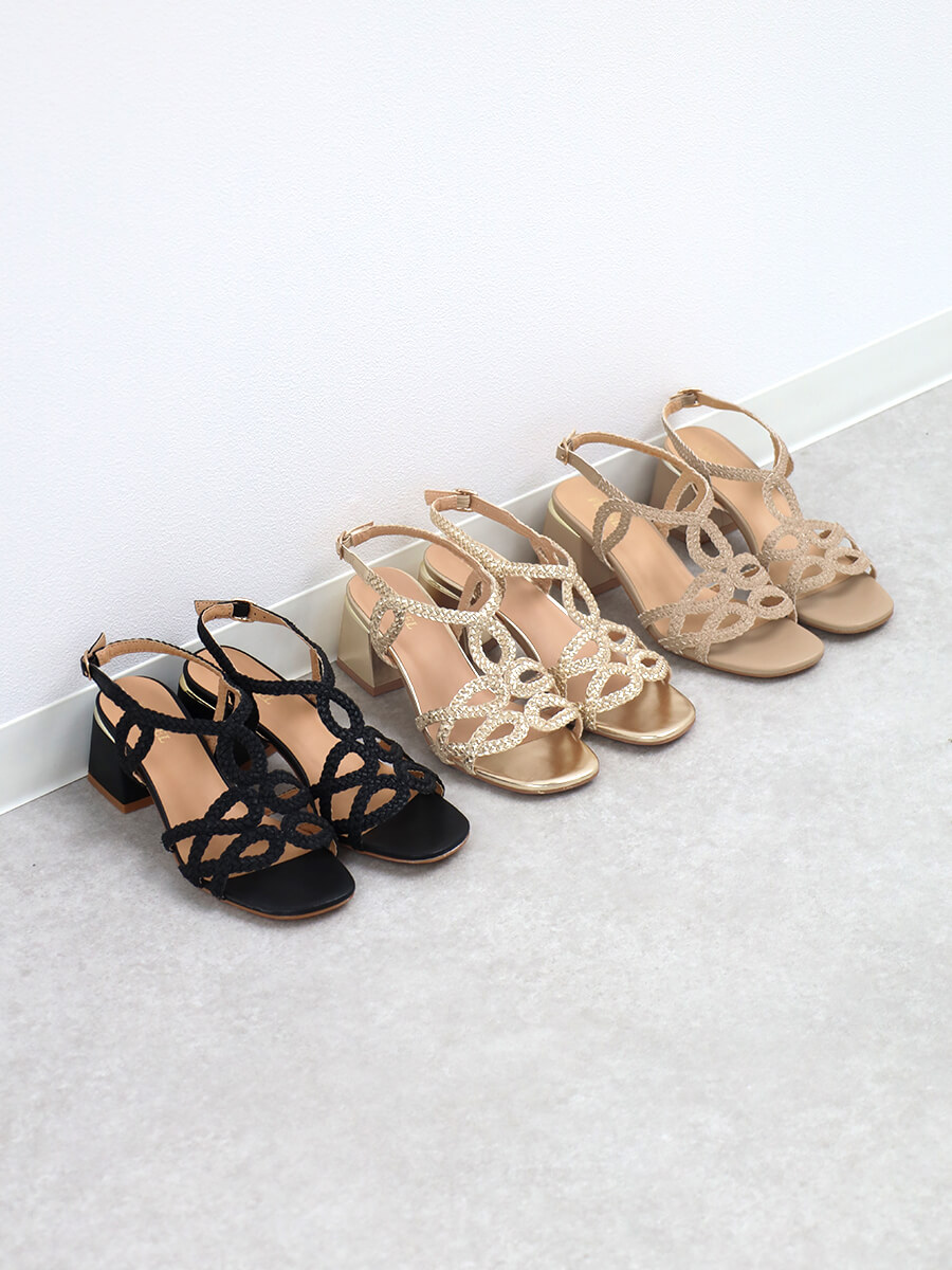 メッシュ編みローヒールサンダル