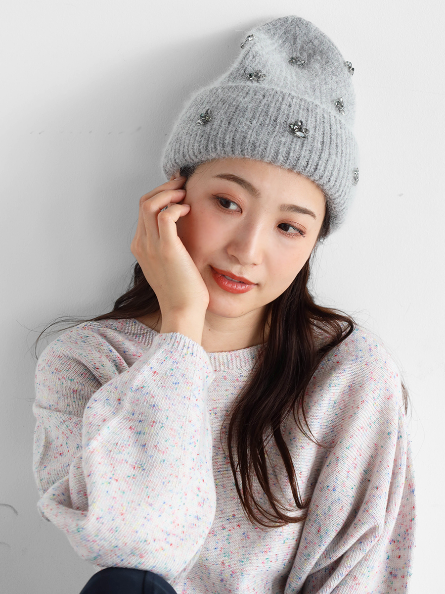 ビジュー付きモヘアニットキャップ