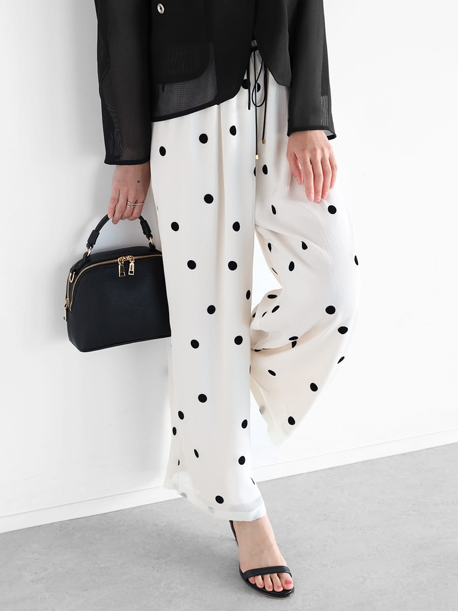 フロッキードット楊柳ワイドパンツ