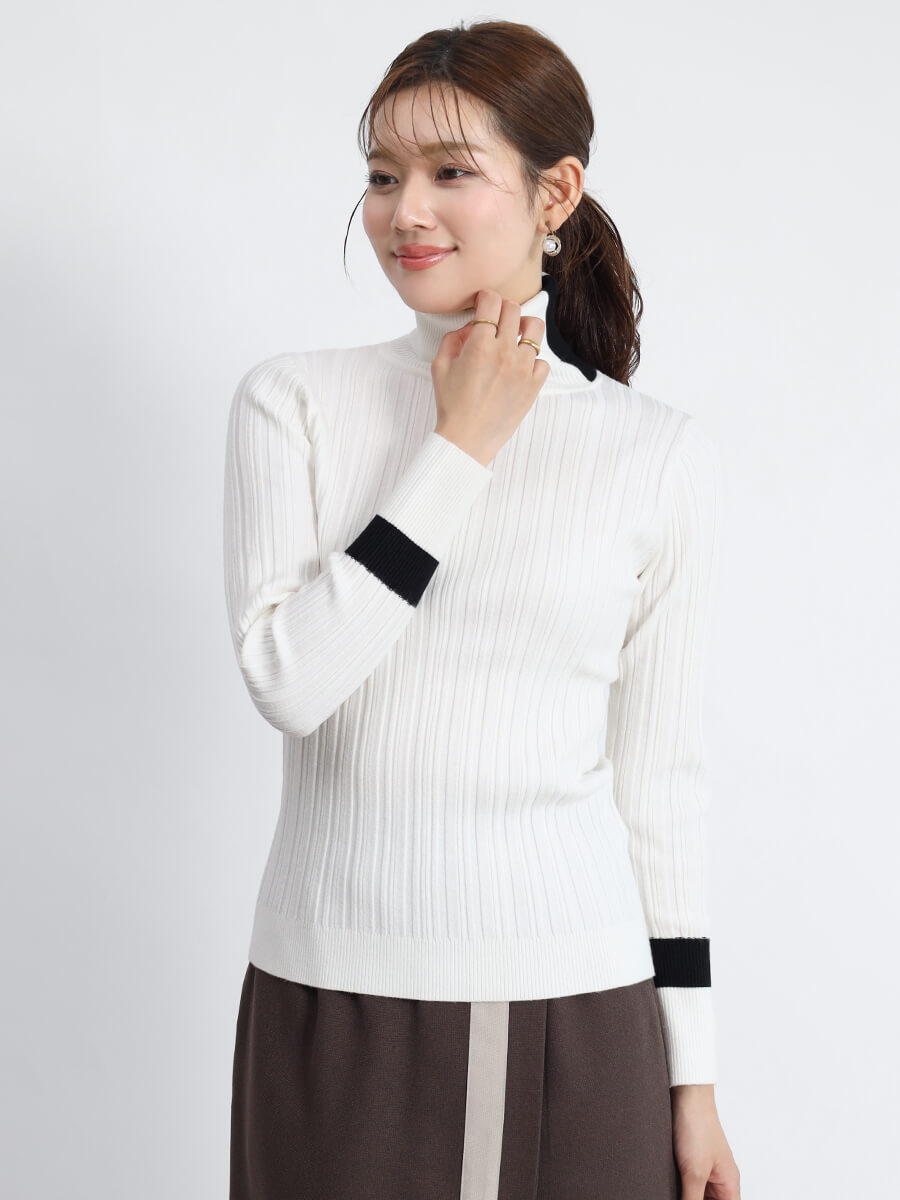 タートルネック配色リブニットトップス