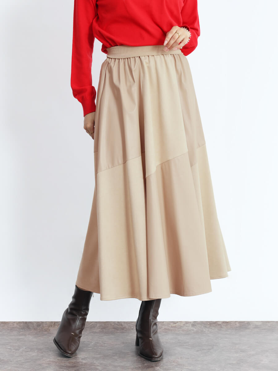スエード×エコレザーランダム切り替えフレアスカート