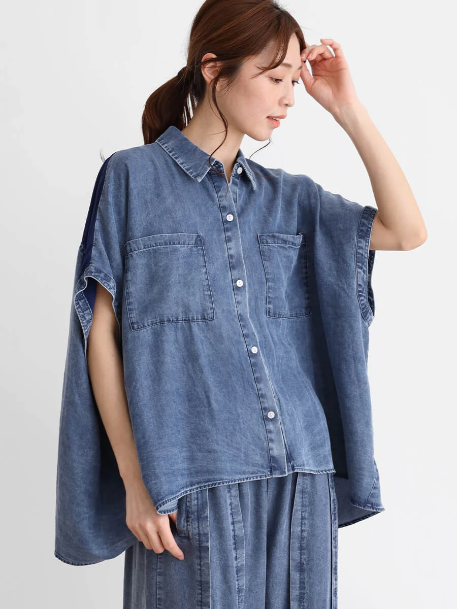 TICCA★バンドカラーテンセルデニムシャツ 美品✨ TICCA テンセルデニムシャツ バンドカラーライトブルー