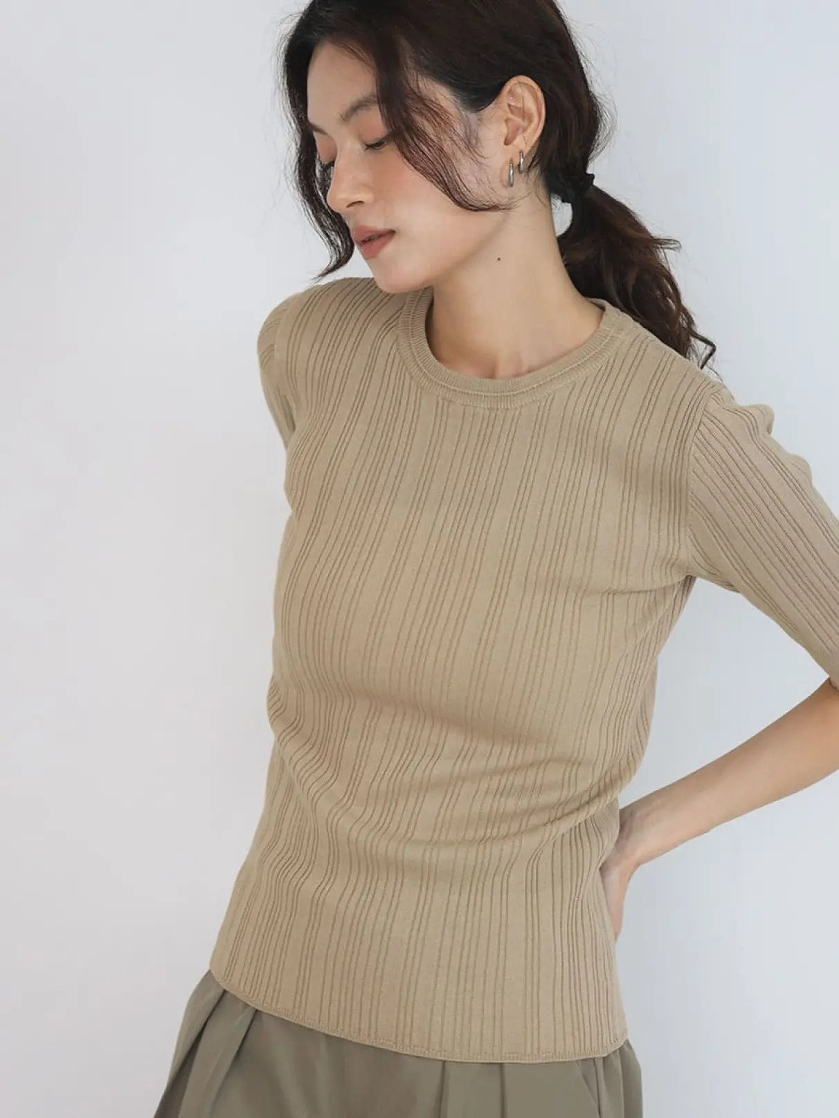 Rib short sleeve knit pullover