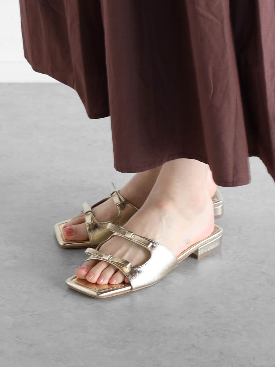 スクエアトゥリボンフラットミュール