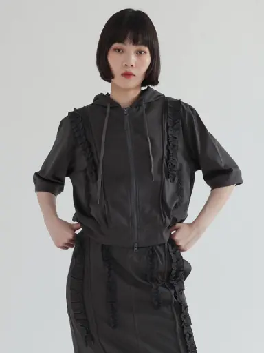 ギャザーフリルデザインジップアップブルゾン - LASUD - LASUD