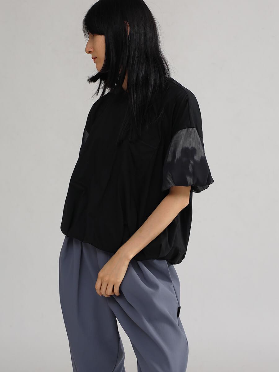LASUD　ACTIVE　異素材切り替えトップス セール】異素材切り替えギャザーフレアトップス（Tシャツ