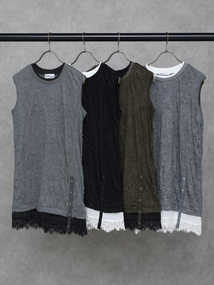 レース模様タンクトップ グレー リンクルレースレイヤード風タンクトップ - LASUD - LASUD｜YAMADAYA STORE
