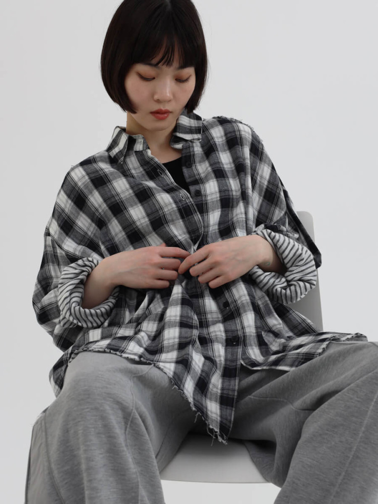 ラシュッド LASUD カットオフチェックオーバーシャツ （ブラック