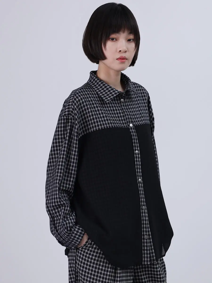 チェック柄異素材ドッキングブラウス - LASUD - LASUD｜YAMADAYA STORE