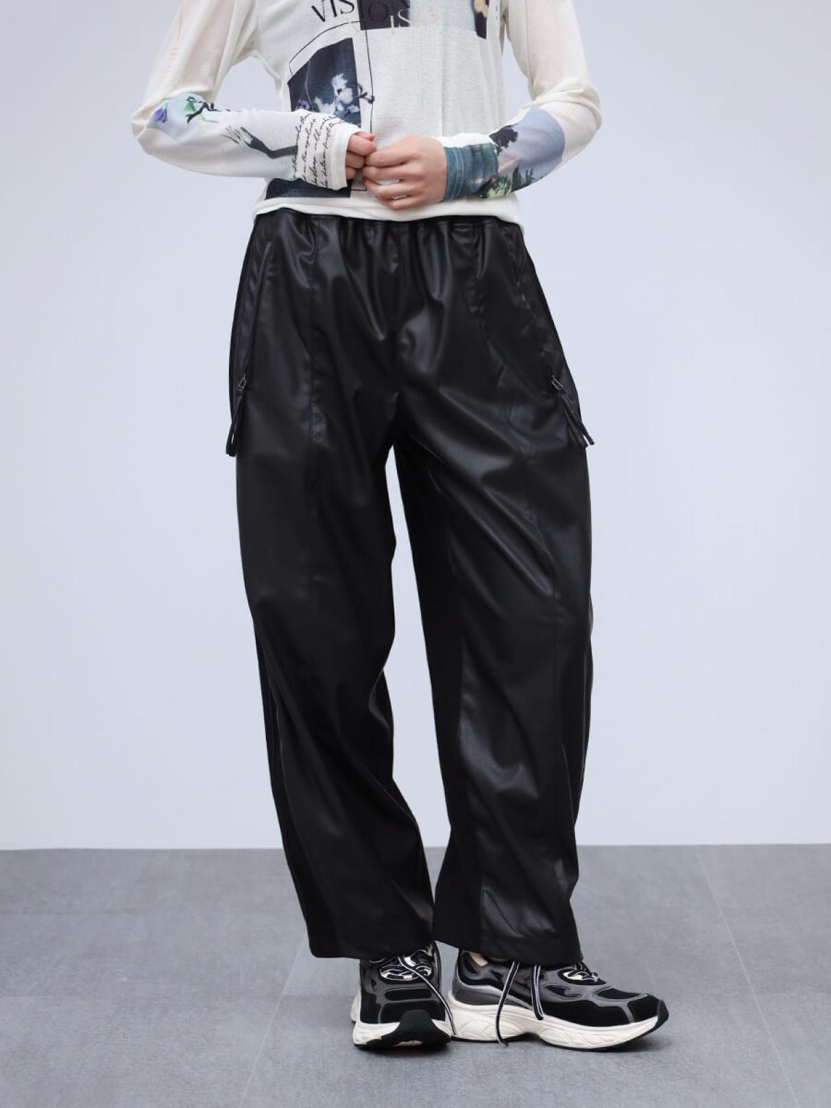 フェイクレザー切り替えカーブウェットパンツ - LASUD - LASUD