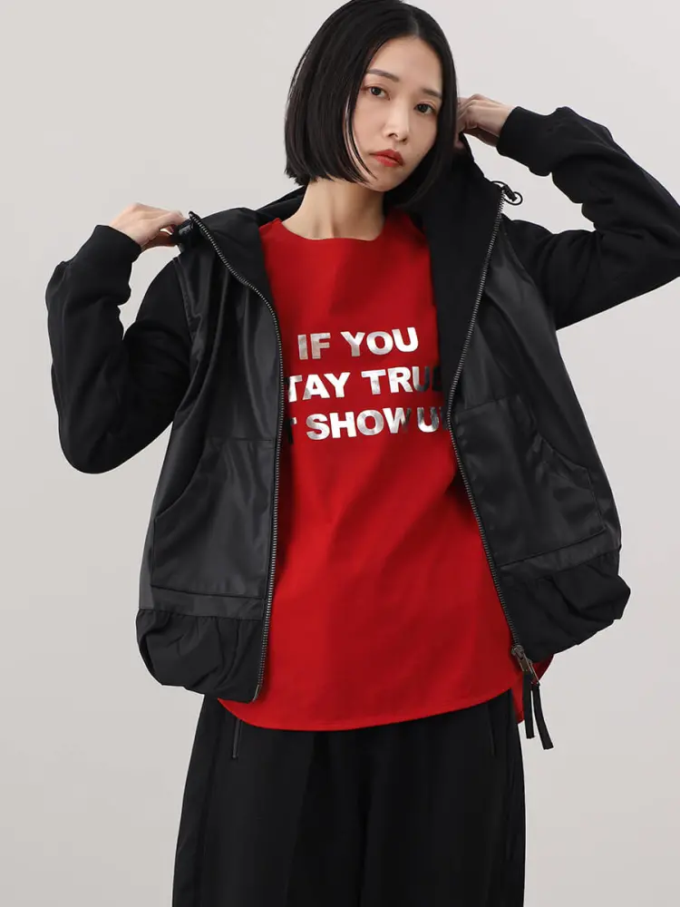 百貨店購入 QTUME 新品同様 フード付きショート丈エコレザーブルゾン フェイクレザー切り替えフーデッドブルゾン - LASUD - LASUD｜YAMADAYA