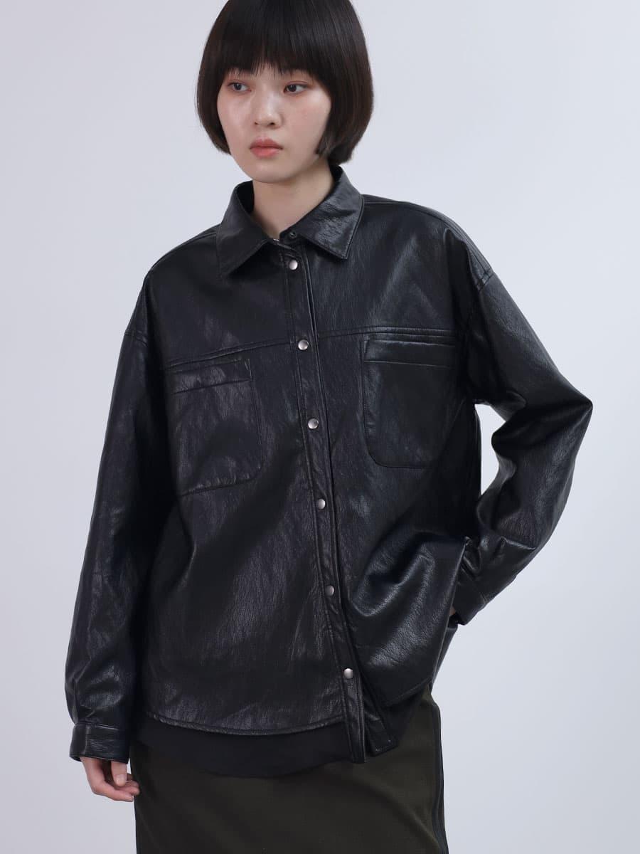 シフォンレイヤードシワ加工フェイクレザージャケット