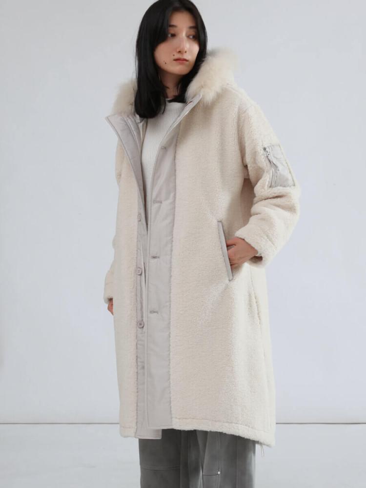 新品！LASUD アイボリー ノーカラーロングコート 38 ボアフーデッドロングコート - LASUD - LASUD｜YAMADAYA STORE