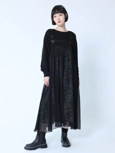 新品 LA SUD タイダイレイヤードワンピース 黒 S ジャンスカ ラシュッド シアーレイヤードゼブラ柄ジャンパースカート - LASUD - LASUD
