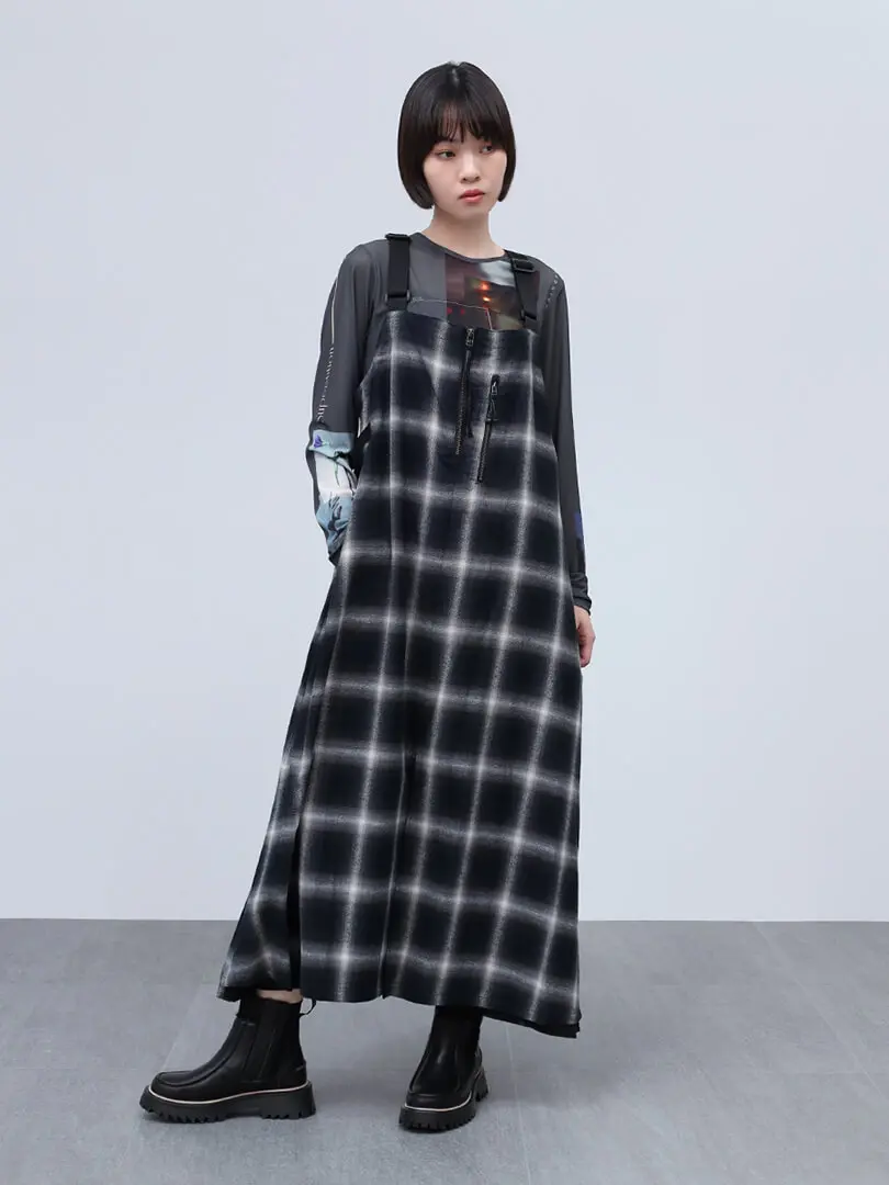 オンブレチェック×シアーレイヤードジャンパースカート - LASUD